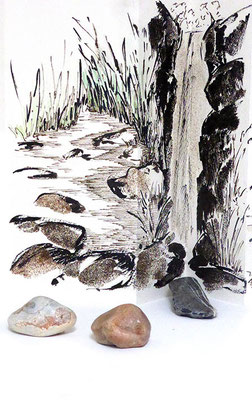 Au fil des pierres 7 - encre de chine, aquarelle, sable, pierres
