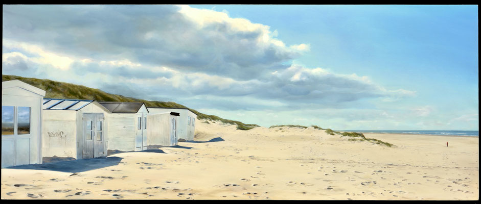 Beach Cabins Texel - olieverf op paneel 60 x 122 cm