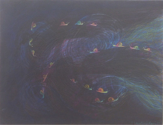 La passeggiata notturna delle lumache, 1988 Pastello e acrilico su tela, cm 28x39 Proprietà dei familiari dell'artista