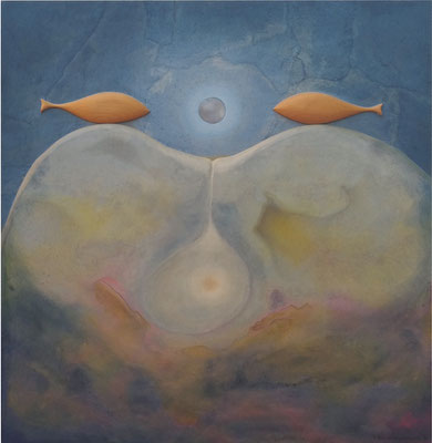 Incontro al chiaro di luna, 1998 Acrilico su materiale plastico, legno su carta intelata cm 51x49 Collezione privata Pianoro (BO)