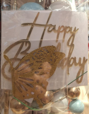 Kit cake   palline oro bianco e azzurro più scritta happy birthday  su plex oro candelina e farfallina glitter oro