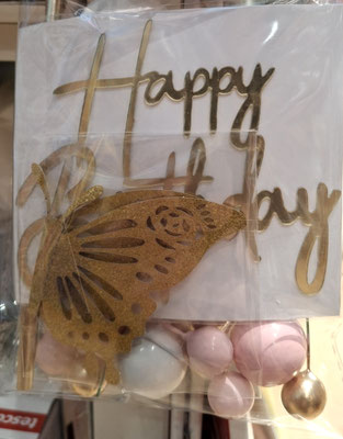 Kit cake   palline oro bianco e rosa più scritta happy birthday  su plex candelina e farfallina glitter oro
