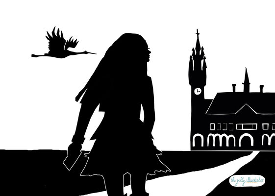 little Amal in front of the peace palace, black papercut