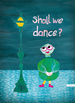 shall we dance? asks the monster to the streetlight. papercut illustration, the jolly illustrator