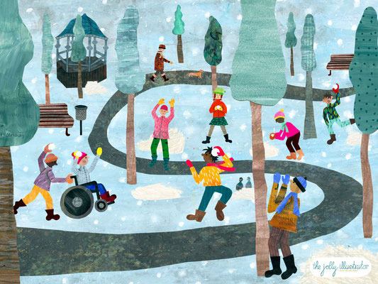 Winter fun in a snowy park, papercut illustration, the jolly illustrator