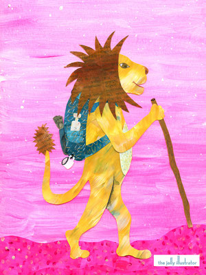 Hiking Lion, papercut illustration