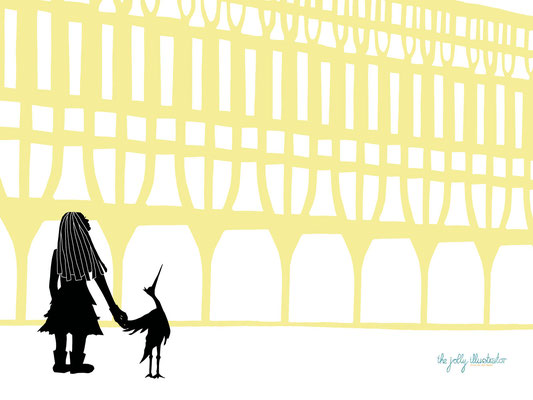 little Amal in front of the theatre Amare in the Hague, black and yellow paper cut