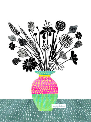 Black and white flowers, mixed media illustration, the jolly illustrator