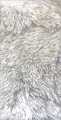 "IN MOTION II, partly gilded metal Staples (galvanized with 24 ct gold) on wood with canvas, 43x86cm. SOLD