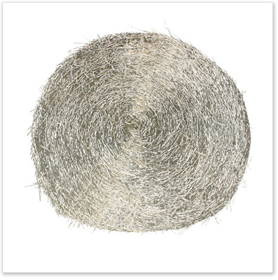"STRAW BALE I", 170 x170cm. 2011. Gold plated metal staples. 170x170cm. First audience award Schwabach 2011 / Germany.