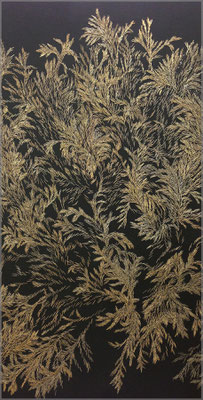 "AMBER GLOW", metal Staples (galvanized with 24 ct gold) on wood with canvas, 43x86cm SOLD