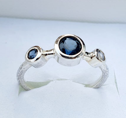ring-silber-blaue Safire-top-5 mm-weisser Safir 3 mm-925-sterlingsilber