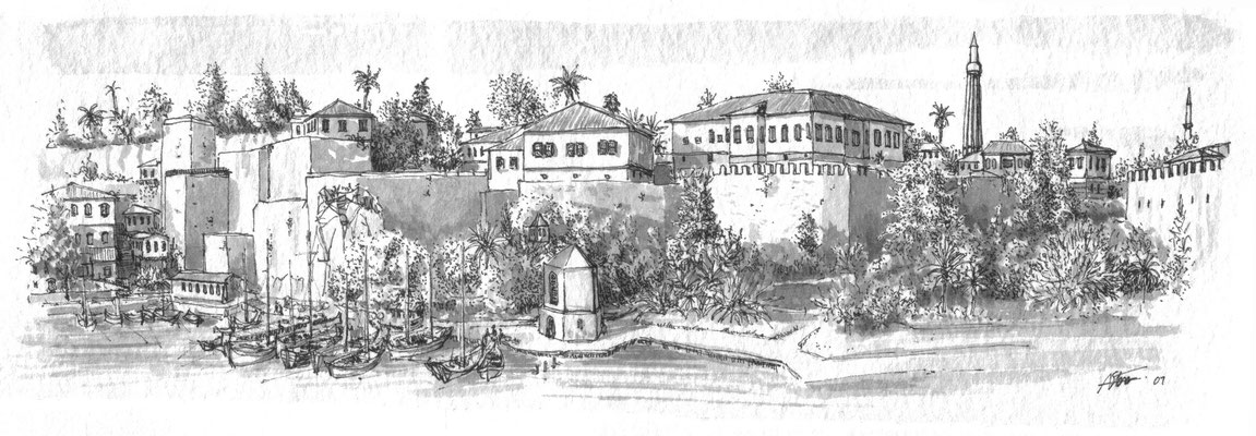 Antalya Castle.  Ink pen and brush on paper (25x15 cm), 2008