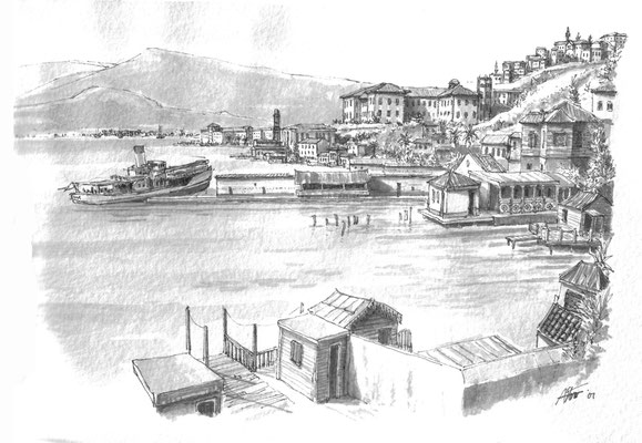 Karataş, İzmir.  Ink pen and brush on paper (20x20 cm), 2008