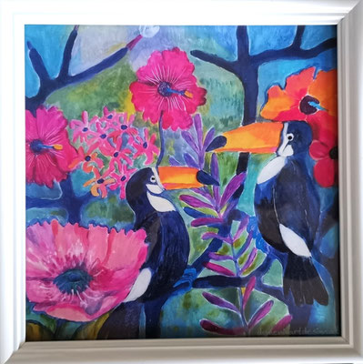 Toucans & Blossoms, 30x3ocm, gerahmt. Euro 36,--. Verfügbar.