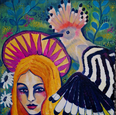 Our colorful Headdresses. Acryl auf Malplatte, gerahmt. 40x40cm. € 360