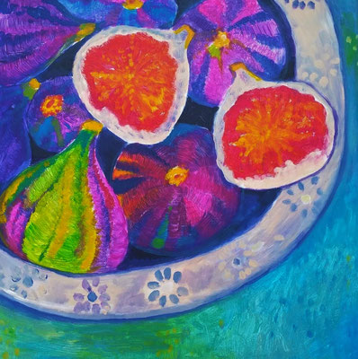 Figs turquoise. Acryl auf Malplatte. Gerahmt. 40x40cm.