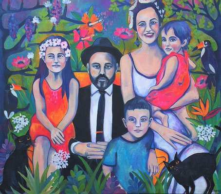 We are in Paradise. Familienportrait. Acryl auf Leinwand. 120x140x2cm. PORTRAITAUFTRAG