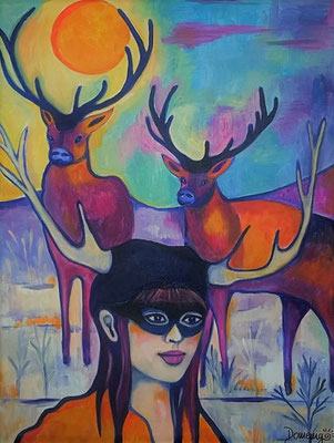 Deer Girl under Full Moon. Acryl auf Leinwand. 80x60x2cm.