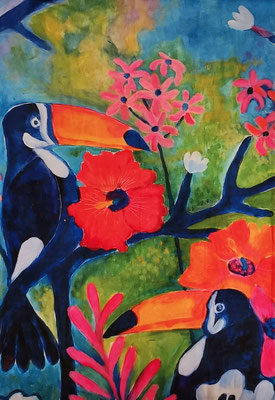 Toucans & Blossoms, 140x90 cm.