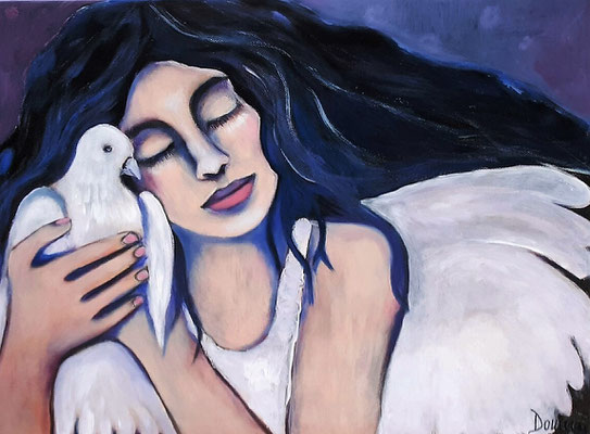 Litte Angel with Dove. Übermalter Druck. Acryl auf Leinwand. 60x80x2cm.