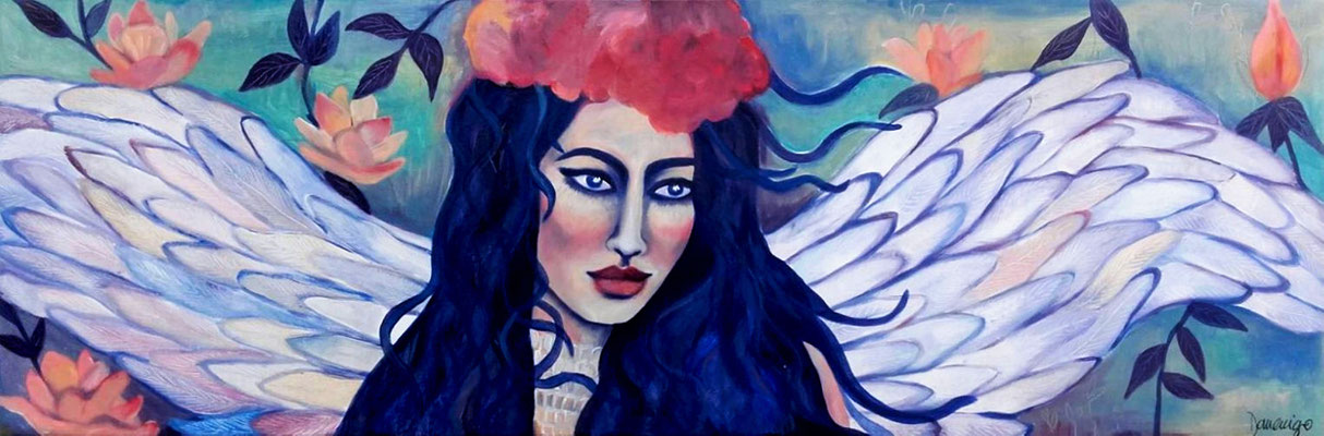 Guardian Angel with Flowers. Acryl auf Leinwand. 50x150x2cm.