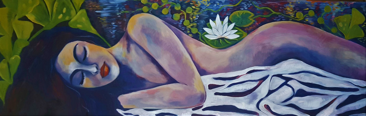 Blue Light deaming at the Water Lily Pond. Acryl auf Leinwand. 50x150x2cm.