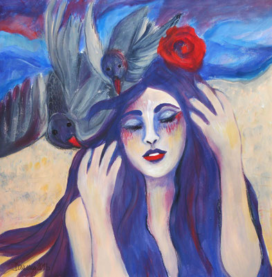 Birds in my Hair. Acryl und Farbstift auf Papier. 30x30cm. Euro 120,--