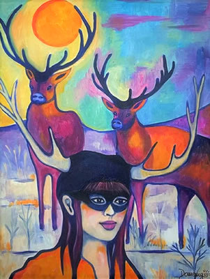 Deer Girl under Full Moon, Acryl auf Leinwand, 80x60cm. Euro 1.260