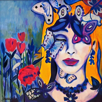 Madame Butterfly. 60x60x2cm. Übermalter Druck. Euro 280,--