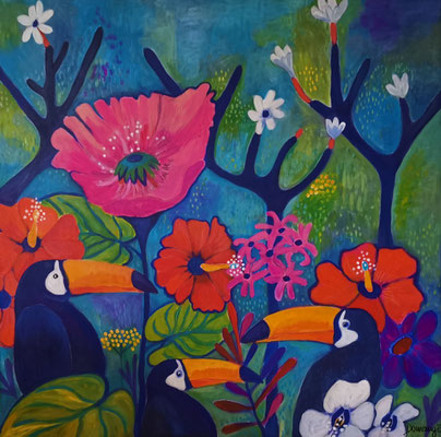 Toucans & Blossoms. Übermalter Druck. Acryl auf Leinwand. 80x80x2cm.