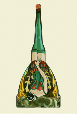 Signora mascherata sottosopra, digitally colored hand drawing, 2018