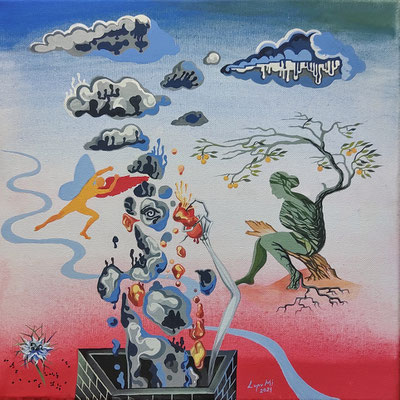 "Interprétation grotesque de l'entropie et de la régénération", détrempe sur toile, 40x40 cm,2021