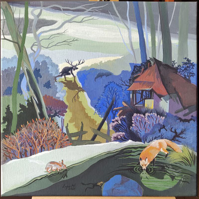 The Ten Foot Square Hut, tempera on canvas, 2021