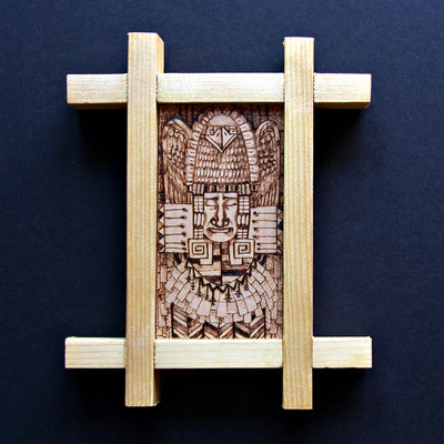 Wanquished Mayan, pyrography on linden wood