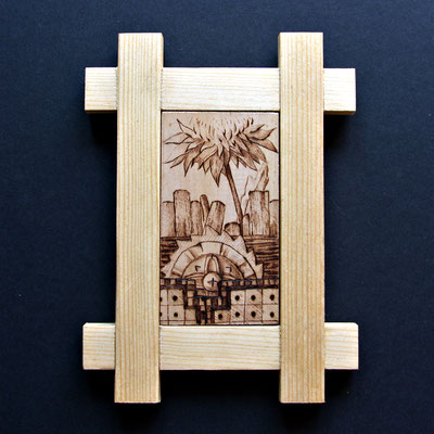 Nature and industry III, pyrography on linden wood