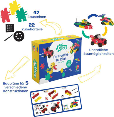 CLICS Baukasten 5 in 1 – Übersicht mit 5 Bauideen und Bauanleitungen
