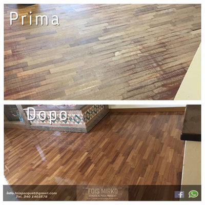 Restauro parquet esistente in iroko,prima e dopo il nostro intervento  