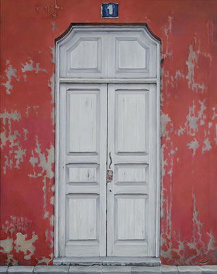 rote Tür, Ölfarbe a LW, 100 x 70 cm