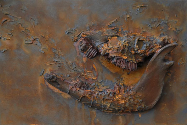 Der Tod, den man stirbt 1, 40 x 60 cm, Mix Media, Knochen, Rostfarbe