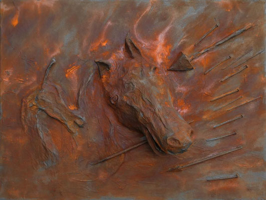 Der Tod, den man stirbt 2, 60 x 80 cmPappmache, Mix Media, Rostfarbe