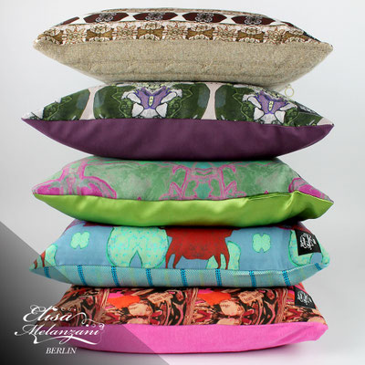 Kissen 40 x 40 aus Eco Satin - handgefertigt in limitierter Auflage | Designs: -sombersnails- | -grassy bugs- | -fairy kingsuite- | -bluish dreamfactory- | -pinky butterfly- © ELISA MELANZANI BERLIN