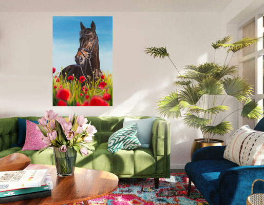 ACrylgemälde Hannoveraner im Mohnblumenfeld mit Raumwirkung