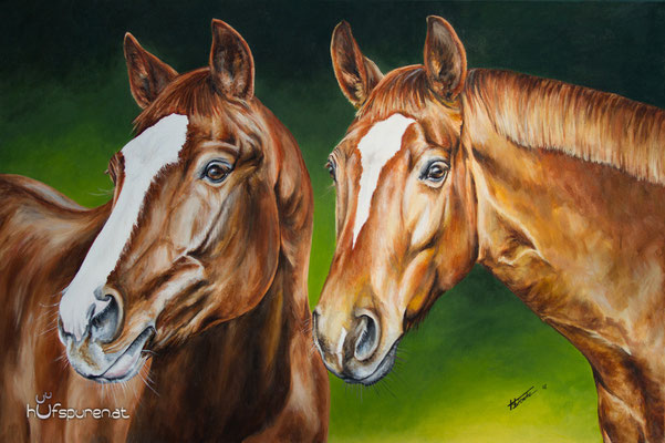 Trakehner und Sächsisches Reitpferd "Wichtel und Rose", Acryl auf Leinwand, 90x60, 2016, Pferdemalerei von Hanna Stemke, www.hufspuren.com