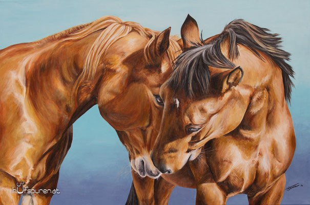 Paint Horse und Quarter Horse, "Roulette und Badger", Acryl auf Leinwand, 90x60, 2016, Pferdemalerei von Hanna Stemke, www.hufspuren.com