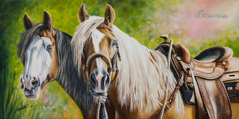 Paint Horse und Quarter Horse "Smokin Peppy Lena & BJ Kings Cody Pine", Acryl auf Leinwand, 100x50, 2016, Pferdemalerei von Hanna Stemke, www.hufspuren.com