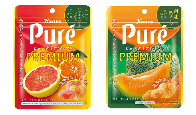 『ピュレグミプレミアム みかん＆ピンクグレープフルーツ』（右）と『ピュレグミプレミアム 国産熟メロン』