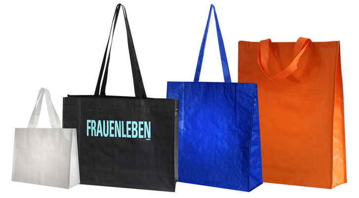 Permanenttaschen aus festem Ripstopgewebe mit langen und kurzen Griffen Permanenttaschen ohne Druck oder mit Heißfolienprägung und im Siebdruck bedruckt möglich 