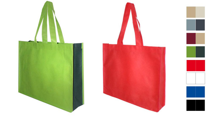 2 farbig abgesetzte Vliestaschen aus Non Woven mit langen Tragegriffen genähte Aüsfürung Variante Tragetasche City Mehrwegtaschen aus Woven