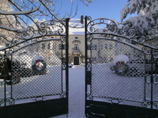 Schlosstor, Winter, Blick auf das Schloss ©Galerie Walker